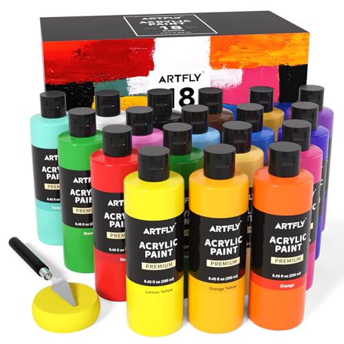 ARTFLY Acrylfarben Set, 18 Farben (8.45oz/250ml), ungiftig, Acryl Farben wasserfest Reiche Pigmente für Künstler, Student, Erwachsene auf Steine, Leinwand, Holz, Ton, Keramik, Kunsthandwerk