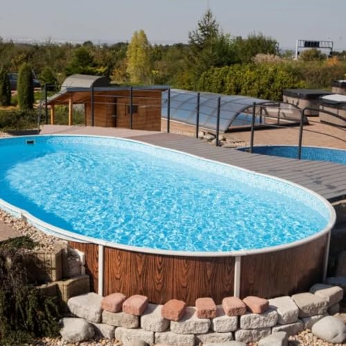 poolomio Stahlwandpool - Verschiedene Designs, Formen und Größen (Holzoptik, 550 x 370 x 120 cm)