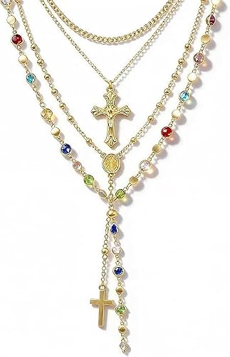 EKKONG 4 Stück Kette Gold,Bohemian Y Kette Gold mit bunten Perlen,Halskette Damen Layering Halsketten Set Schmuck Geschenk für Frauen