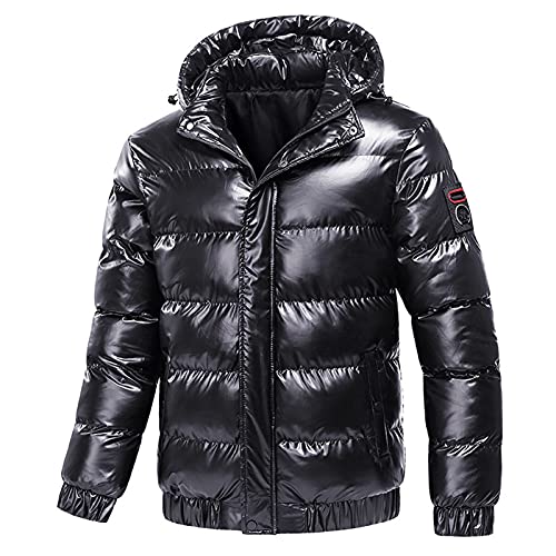 Kswlwccpp Puffer Jacke Herren Glänzend Schwarz Einfarbig Ultraleicht Metall Puffer Jacke Jacke Langarm Atmungsaktiv Warm mit Kapuze Winter Jacket Steppjacke Packbar Winterjacke Daunenjacken