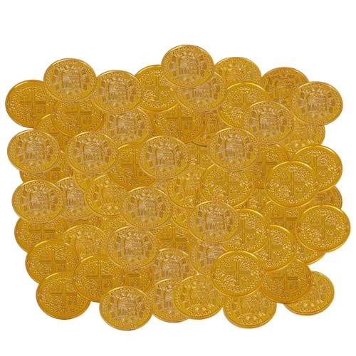 HDFHDF 100 Stück Goldmünzen Piratenschatz Spielgeld Goldtaler Plastik Piraten Goldmünze Spielzeug Halloween-Gegenstände Chip-Münzen Tischspielmünzen Schatzsuche