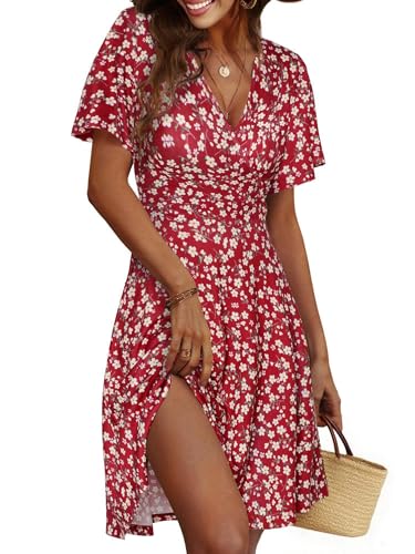 Cicy Bell Damen Sommerkleid Knielang Kurzarm V Ausschnitt Wrap Kleider Blumenmuster Midikleid A-Linie Freizeitkleid Rot M