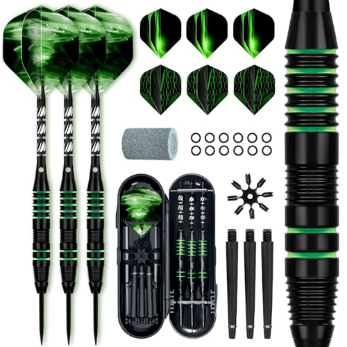 XAWU 3er-Pack Steel Tip Darts Set mit Etui Professionelles Dartpfeile-Set 22 g mit 9 Dart Flights 3 Aluminiumschäfte 3 Ersatzschäfte 1 Dart-Schärfer 12 Gummi-O-Ringe Flight-Schutz