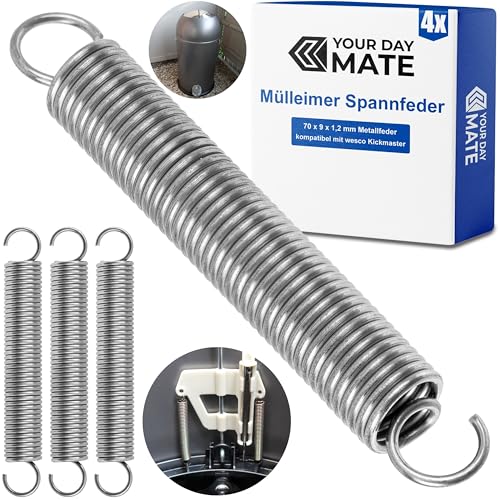 Ersatz Spannfeder für Mülleimer, 4 Stück, aus Federstahl, kompatibel mit wesco Kickmaster, 70 x 9 x 1,2 mm Metallfeder, Doppelhaken Ersatzfeder Set für Tretmülleimer, Mülltrenner Fußpedal Zugfeder
