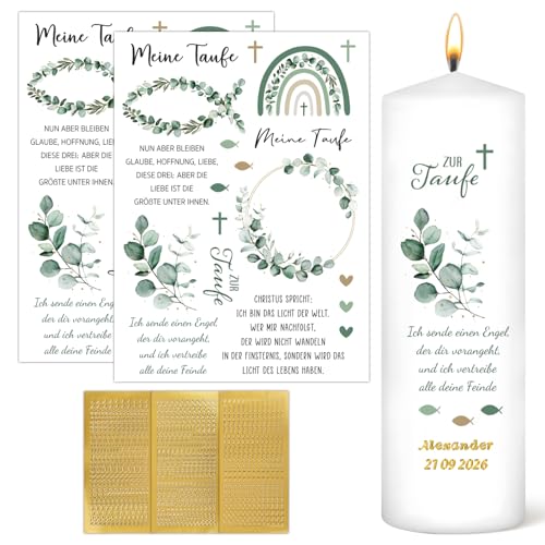 DOORIO 2pcs Kerzentattoos Taufe Kerzen Tattoofolie + 3pcs Groß- und Kleinbuchstaben Kerzen Sticker Gold Zahlen Aufkleber für Taufkerze Basteln