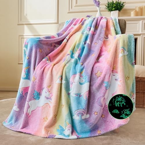 Joiedomi Decke Kuscheldecke Leuchtet im Dunkeln Einhorn Geschenke Spielzeug für Mädchen im 4 bis 12 Jahren Weiche, gemütliche Flanell Kinderdecke Geburtstagsgeschenk 50