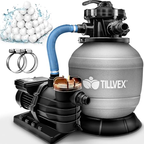 tillvex® Sandfilteranlage Pool 13.200L/h bis 40.000L + 1200g Filterbälle | Filteranlage 7-Wege Ventil & 2in1 Adapter Ø32-38mm | Poolfilter Selbstansaugend | Sandfilter Schwimmbecken (Grau)