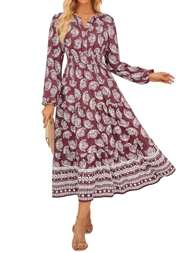 Damen A-Linien Kleid Langarm Henley V-Ausschnitt Elegantes Boho Maxikleid Blumenkleid CL37-01/Rote Blume M
