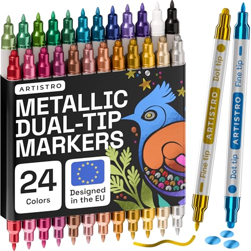 Artistro 24 Metallic Acrylstifte für Stein, Stoff, Holz, Glas, Basteln, Dekoration – Dual Tip (Dot & Fein) Acrylmarker – Scrapbooking & Kunstbedarf