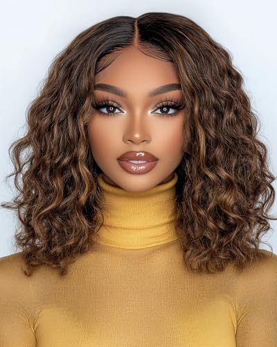 FASHION IDOL Kurze lockige Bob Echthaarperücke Vorgeschnitten Vorgezupft Glueless Wear and Go Lace Perücke 200% Dichte Upgraded Unsichtbares Geheimnis Glueless Echthaar Perücken