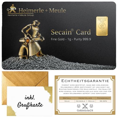 Geschenk aus Gold – Goldbarren - Heimerle+Meule - Secain Card - inkl. Geschenkverpackung, Grußkarte und Echtheitsgarantie (1g Gold)