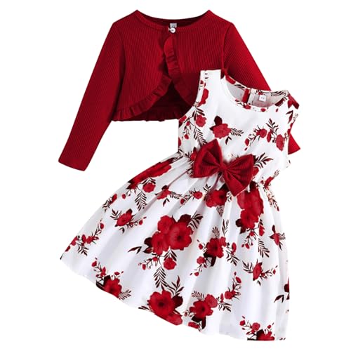 Kunyeah Kleinkind Mädchen Kleid mit Strickjacke Set Kleines Mädchen Blumen ärmelloses Kleid Rüschenmantel Baby Langarm Outfit