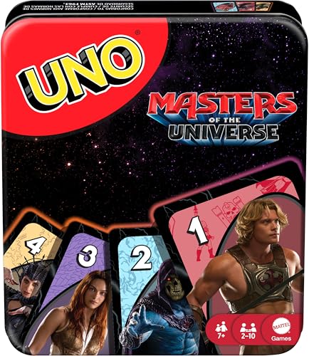Mattel Games UNO Masters of the Universe Film Kartenspiel mit Motivdeck und Aufbewahrungsdose zum Sammeln für Kinder, Spieleabende in der Familie, Feiern und Reisen, 2 bis 10 Spieler ab 7 Jahren JNP53