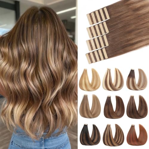 ShowJarlly Tape Extensions Echthaar 20pcs Extensions Echthaar 35cm Schokoladenbraun mit Karamellblond Echthaar Extensions Tape Invisible Tape in Extension Echthaar Skin Weft Tape 40g(14inch,4/4/27#)
