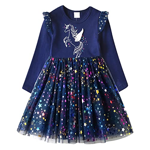 DXTON Mädchen Einhorn Kleider Prinzessin Kleid Party Geburtstag Ferien Baby Kleid BlauLh4792 7T