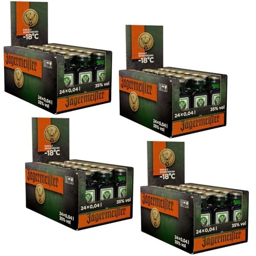 Jägermeister – 96 x 0,04l Premium Kräuterlikör Shots 35% Vol. als Party Geschenk – Aus 56 erlesenen Kräuter – Im Eichenfass gelagert – Das Original aus Wolfenbüttel