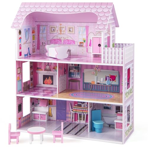 COSTWAY Puppenhaus aus Holz, Puppenstube mit Möbeln und Zubehör, Große Puppenvilla 3 Etagen, Dollhouse Spielzeug für Mädchen