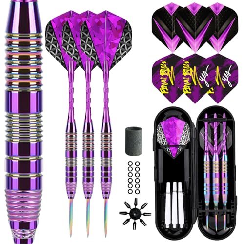 Dartpfeile mit Metallspitze 22 Gramm(Der ganze Pfeil), Profi Steeldarts mit Metallspitze Steeldarts Set Steel Darts Pfeile Set Stahl Spitze Darts Set 3 Aluminium Schaft + Extra Dart-Flüge (Purple)
