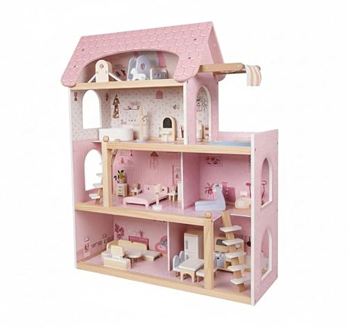 DREAMADE Puppenhaus Holz, 4-stöckiges Dollhouse mit 6 Zimmern & Terrasse mit Pool, mit 33 realistische Möbelstücken & 2 Treppen, Traumvilla für Kinder ab 3 Jahren (Rosa)