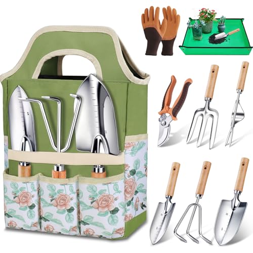 Kynup Gartenwerkzeug, 9-Teiliges Gartenwerkzeug Set, Gartenset aus Edelstahl mit Gartengeräte Tragetasche, Ergonomischer Anti-Rutsch-Griff, Ideale Garten Geschenk für Frauen Und Gartenliebhaber