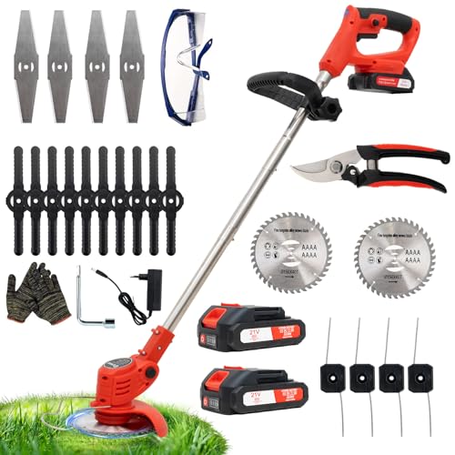Akku Rasentrimmer Akkurasenmäher, 2 Akkus 21V und 4 Messertypen, Akku Freischneider Elektrischer Elektro Trimmer Gartenkantenfräser für Garden