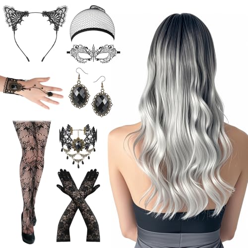 Lvefyti 11 Stück Perücke Halloween Damen, Cosplay Kostüm Set mit Ombre Silber Grau Lang Lockig Perücke Halskette Ohrring Handschuhe für Cosplay Mottoparty