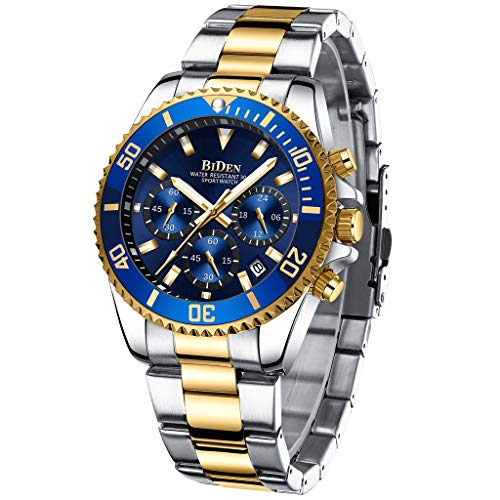 Biden Herren-Armbanduhr, Chronograph, Edelstahl, wasserdicht, Datum, analog, Quarzuhr, Business, Freizeit, Mode, Armbanduhren für Herren, Gold, Blau, B, Armband