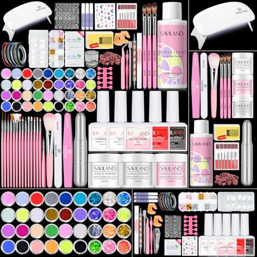 SAVILAND Acryl Nagelset Nagelstudio Set mit Nagelfräser und UV Lampe für Gelnägel , Acrylpulver mit Acryl Liquid für Anfänger Selber Machen Acrylnägel, Nageldesign Nagelset Nail Art Geschenke Frauen