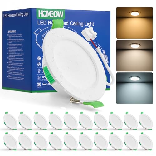 HOMEOW 20er Set Einbaustrahler LED Spot Deckenleuchte 68mm - 80mm Lochmaß | IP44 Warmweiß 2700K Neutralweiß 4000K Kaltweiß 6000K Deckenspots 230V, 24mm Ultra Flach Einbauleuchten für Bad, Nicht Dimmbar