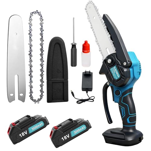 Mini Kettensäge Mit Akku 6000mAh, 6 Zoll Mini Kettensäge Elektro für Makita, 2 * 3000mAh Akku Handkettensäg Elektrisch für Gartenscheren Astschere Holzschneidenz