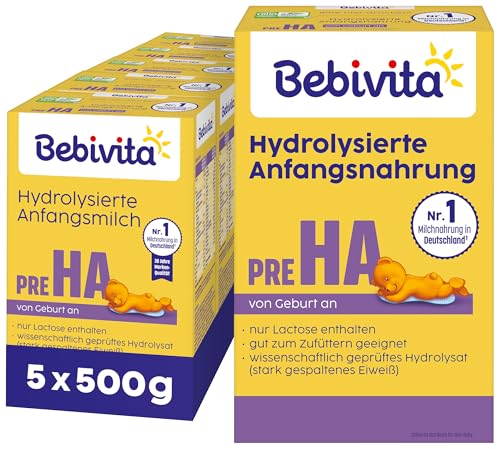 Bebivita PRE HA (5 x 500g), hydrolysierte Anfangsmilch von Geburt an, enthält nur Lactose als Kohlenhydrat, gut zum Zufüttern