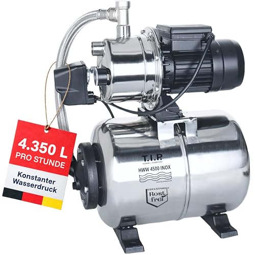 T.I.P. Hauswasserwerk HWW 4500 INOX aus Edelstahl mit 1200 W Leistung I 4350 l/h Fördermenge bis 50 m Höhe I 5 bar Druck mit Manometer I 22 L Kessel I robust, korrosionsfrei, sicher mit Überlastschutz