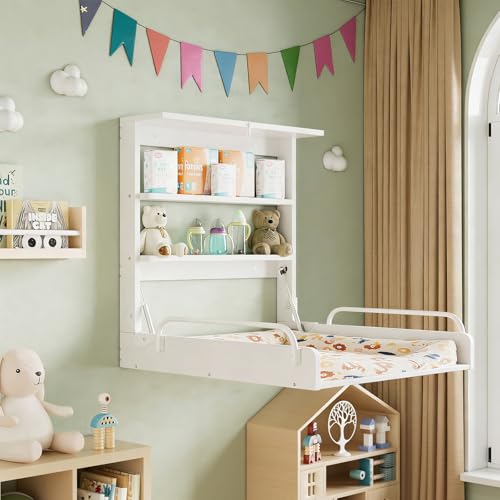 MSFE Wickelkommode Wickeltisch Klappbar, Baby Changing Table Wandwickeltisch mit 3 Regalfächern, Wickeltische Toiletten Horizontal - Platzsparend zur Einfachen Wandmontage - Holz weiß