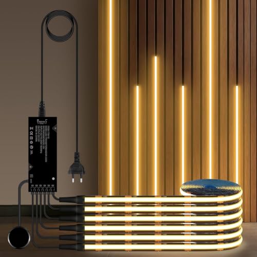AIMENGTE COB LED Strip 2m, 6 Rollen 12V Warmweiß Akustikpaneele Schneidbar COB LED Streifen, with Berühren und Hand Sweep Dimmer Schalten, für Weinschränke, Regale, Schränke