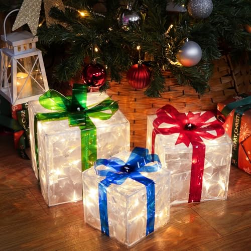 SANHSEHOME 3er Set LED Geschenkbox Weihnachten, Beleuchtete Deko Geschenke mit 60 LEDs, 8 Lichtmodi & Timer, Weihnachtsdeko mit Stecker für Innen & Außen, Weihnachtsbaum Fenster Garten (PVC)