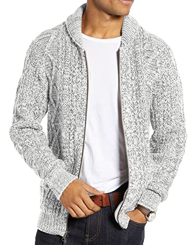 Runcati Herren Strickjacke Langarm Kragen Cardigan mit Zopfmuster Reißverschluss Jacke Gestrickt für Hemd und Shirt Hellgrau XL
