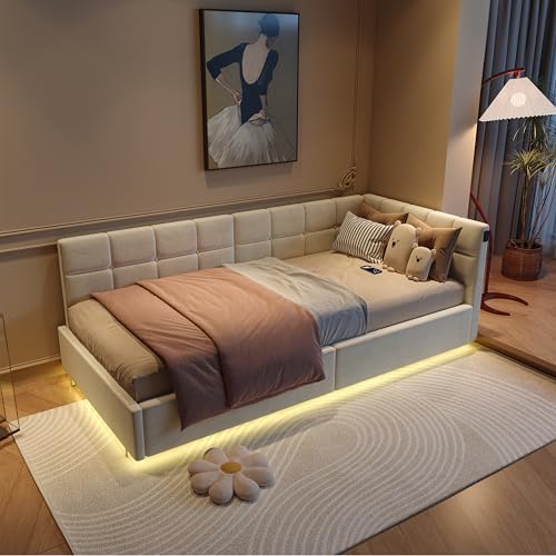 Bett 90x200 mit Stauraum und LED, Polsterbett mit USB C Ladefunktion, Tagesbett Beige Samt mit L-förmigem Kopfteil (Linksseitig), Funktionsbett für Jugendzimmer & Gästezimmer, Lattenrost inklusive