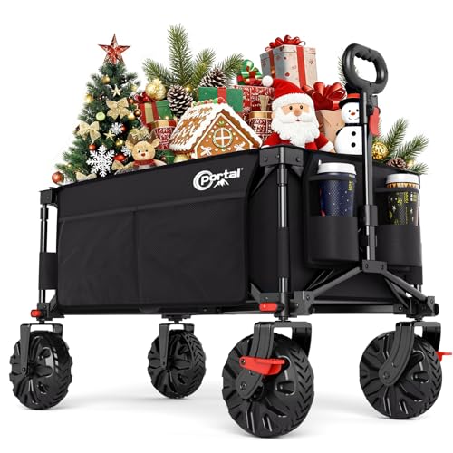 Portal Bollerwagen faltbar größe Reifen mit Bremse Klappwagen Handwagen klappbar mit Seitentasche Faltwagen Gartenwagen Transportwagen für Alle Gelände Camping Strand Einkaufen 110kg Belastbarkeit