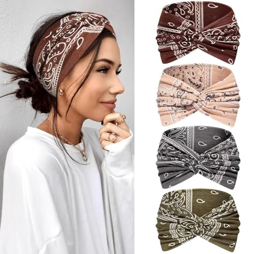 Kavya Haarband Damen Stirnband Damen 4er Pack – 7'' Extra Breit Haarbänder Dünn, Elastische Kopftuch Weiche Boho Mehrfarbig Headband, für Yoga, Kosmetik, Sport & Haarschmuck Sommer