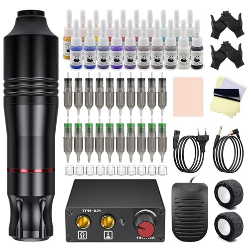 Biomaser Tattoo Maschine Set Rotary Komplettes Tattoo Pen Kit Tattoo Set Rotary Tattoo Maschine Set Netzteil mit 20Pcs Tattoo Nadeln 20 Tattoo Tinte für Anfänger und Tattoo Künstler