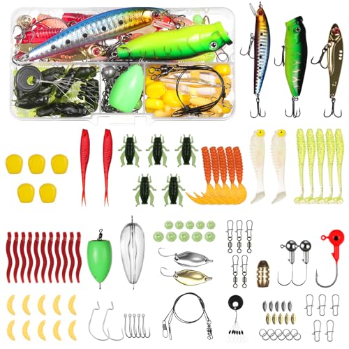 Vicloon Angeln Köder Set mit Köderbox, 116 PCS Angelzubehör Set Einschließlich Spinner, VIB, Gummifische für Hecht, Zander, Forelle, Barsch, Köderbox Angeln Angel Köder für Süßwasser Salzwasser