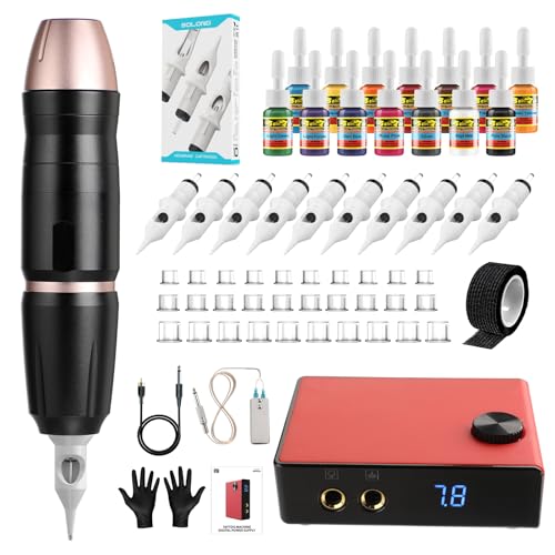 Solong Tattoo Maschine Set mit 10 Stück Tattoo Patronen Nadeln, 14 Tinten Digitalanzeige Netzteil Rotary Tätowiermaschine Komplettes für Anfänger und Tätowierer (Schwarz)