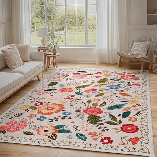 Puremy Waschbarer Wohnzimmerteppich, Vintage Blumenmuster Niedriger Flor Teppich, rutschfest, Weiche, Groß Teppiche für Wohnzimmer Schlafzimmer Bauernhaus Esszimmer und Kinderzimer, 140x200cm, Beige