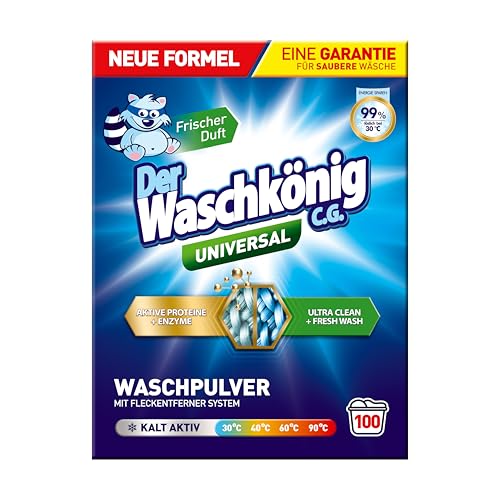 Der Waschkönig C.G. Universal Waschpulver – 6kg, 100 Waschladungen, für weiße und bunte Wäsche, entfernt Flecken ab 30°C, schützt Textilien, hinterlässt Frische, umweltfreundlich verpackt