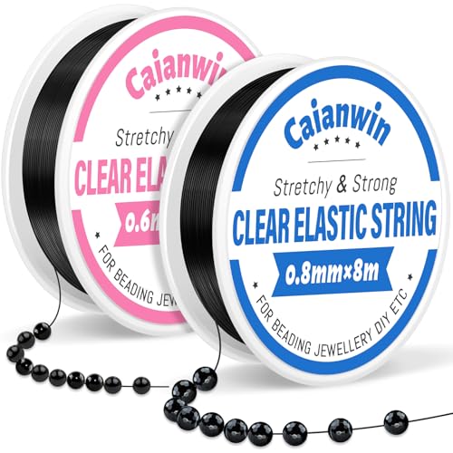 Caianwin Schwarz Elastisches Band für Armbänder 0.6mm und 0.8mm Elastische Schmuckfaden Set, Armband Schnur, Schmuckfaden für Armbänder Perlen Perlenschmuck Basteln Schnüre & Fäden