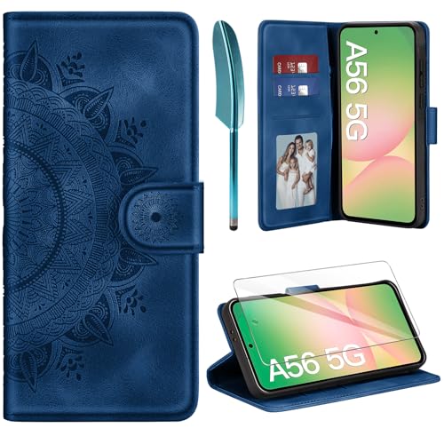 ivencase Lederhülle für Samsung Galaxy A56 5G Hülle und Schutzfolie, Premium Klappbar Handyhülle Flip Wallet, [Kartenfach] [PU Leder] [Ständer] Schutzhülle Kompatibel mit Samsung A56 5G, Dunkelblau