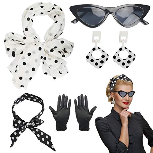 LOPOTIN 5TLG Rockabilly Accessoires Damen 50er Jahre Kleid Zubehör 60er Jahre Kleidung Set mit Chiffon Schal Polka Dot Stirnband Katzen Auge Brille Schwarz 1950s Kostüm für Motoparty Retro Teily Party