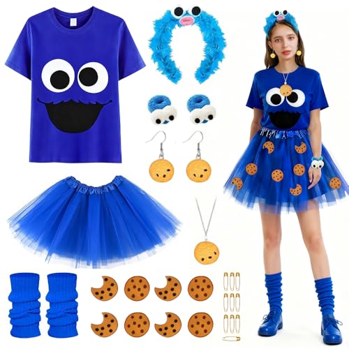 TUIBEIDAMAI Krümelmonster Kostüm Damen, Kekse Monster Kostüm Set mit Monster T-Shirt, Blauem Tüllrock, Haarreif, Halskette, Ohrringe, Blaue Beinstulpen, für Halloween Karneval Fasching