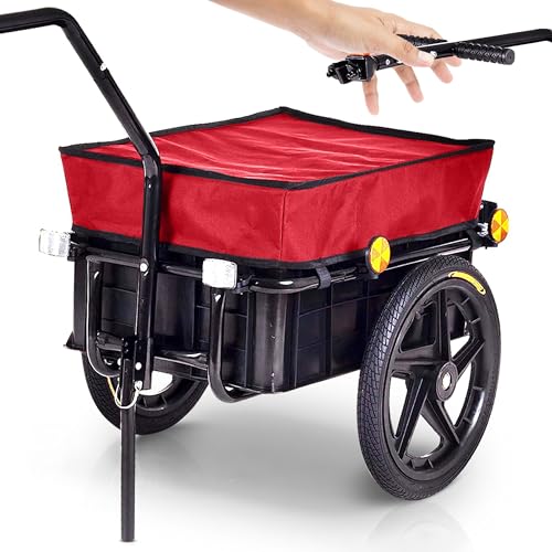 SAMAX Transportanhänger 70 Liter / 60 Kg Fahrradanhänger Lastenanhänger mit Kupplung Fahrrad Anhänger Handwagen mit Kunststoffwanne in Rot