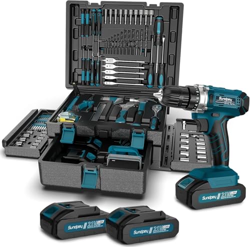 Sundpey Werkzeugkoffer 255 tlg mit Akkuschrauber - 21V Akkuschrauber Set mit 2 * 2000mAh Akku, Werkzeugkoffer Gefüllt für Haus-/Autoreparaturen Werkzeugkasten Aufbewahrungskoffer mit Schublade